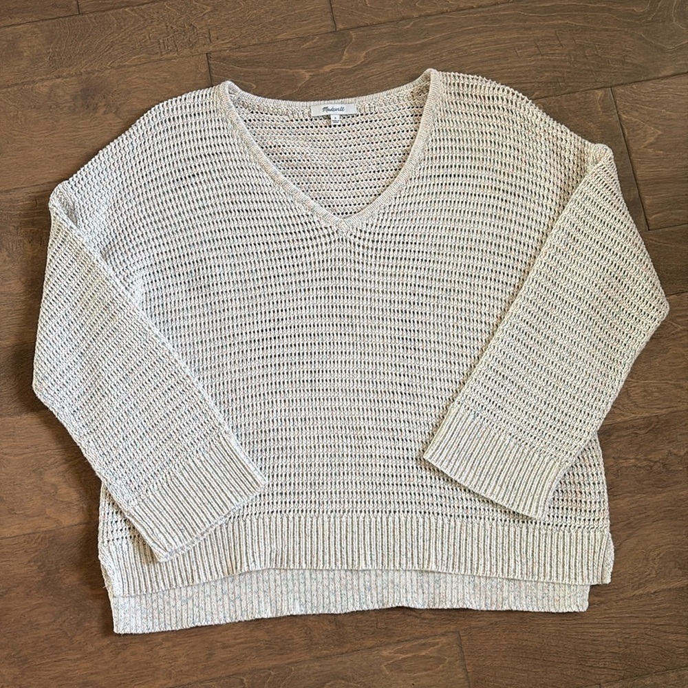 Madewell Sweater Oversized Open Knit Cotton V-Neck Cream Long Sleeve Boxy Small